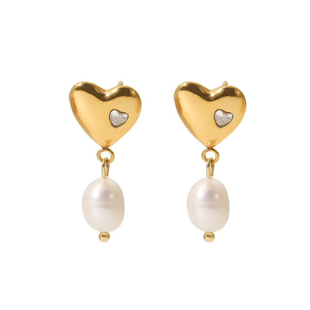 18KG stainless steel heart water pearl dangle earrings