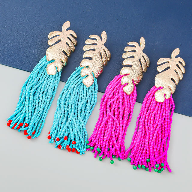 Color seed beads tassel gold leaf boho earrings