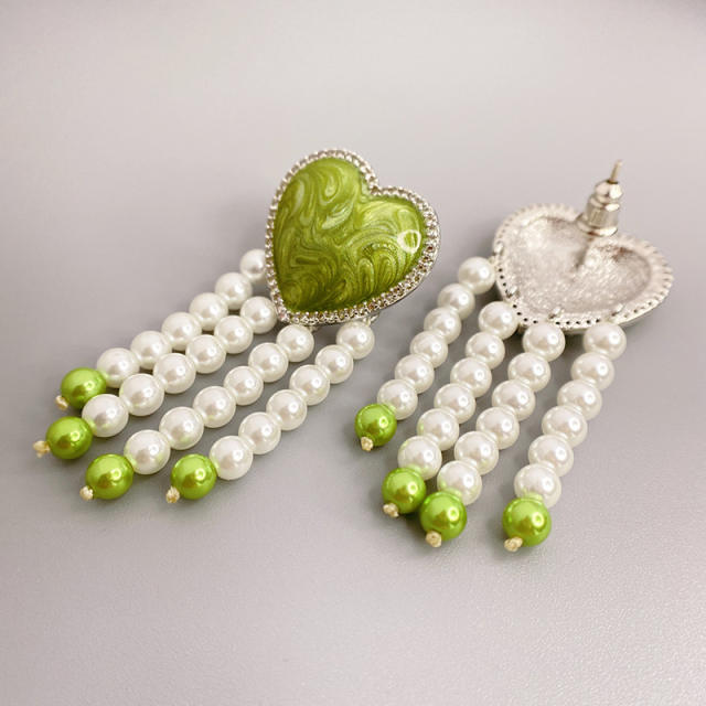 Enamel heart pearl beads tassel earrings