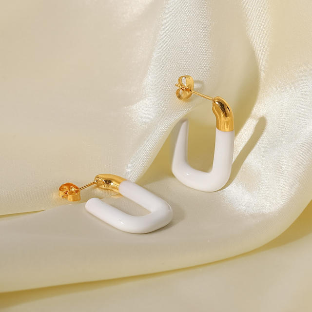Enamel white color square shape stainless steel earrings