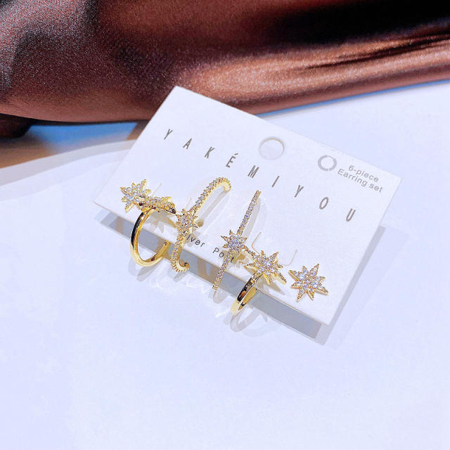 925 sterling silver needle diamond star huggie earrings set