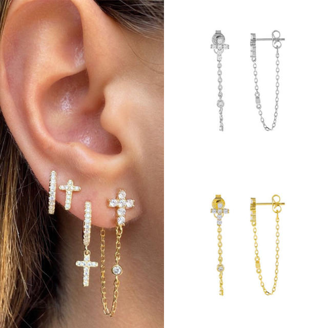 Rhinestone cross tiny chain tassel earrings