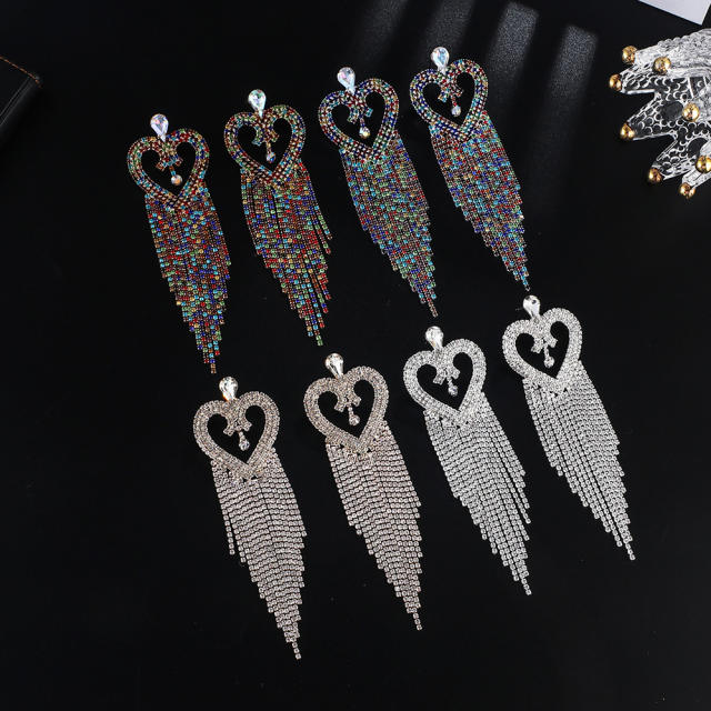 Color rhinestont pave setting long tassel heart earrings