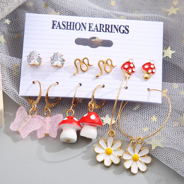 Cute mushroom flower snake earrings set