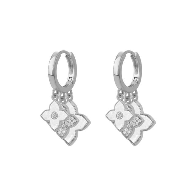 Classic rhinestone color clover 18KG huggie earrings