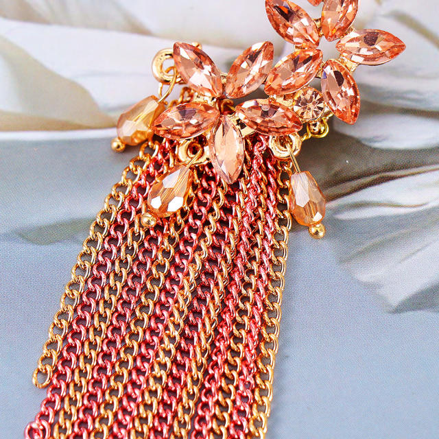 Pink flower chain tassel dangle earrings