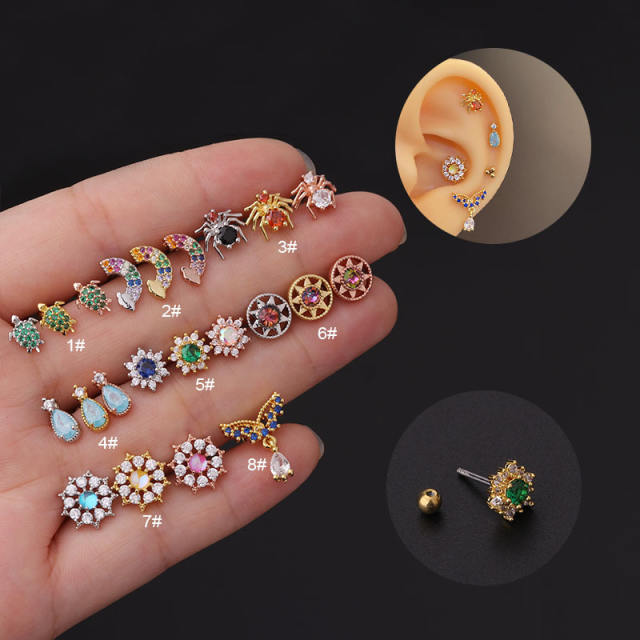 Color cubic zircon stainless steel needle helix ear studs