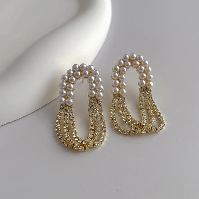 Korean fashion elegant pearl rhinestone tassel dangle earrings
