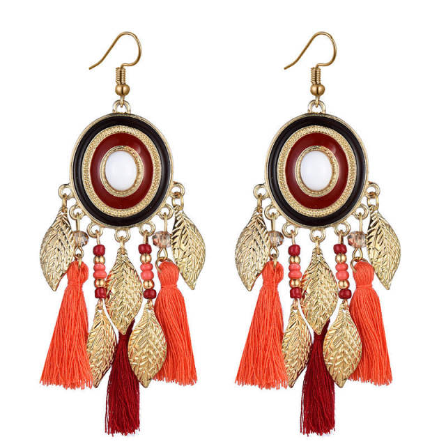 Boho gold color leaf color rope tassel long earrings