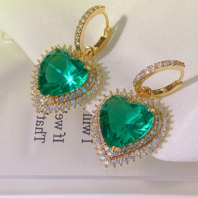 Luxury green color heart cubic zircon huggie earrings