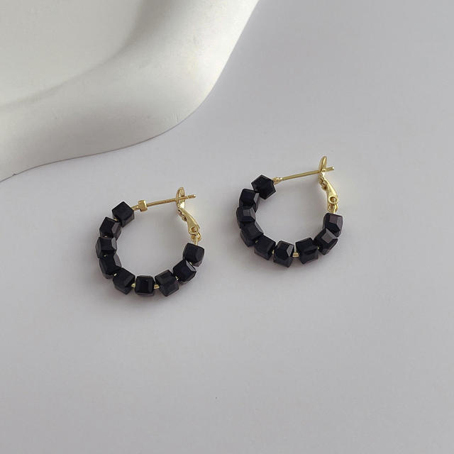 Vintage black white crystal beads small hoop earrings