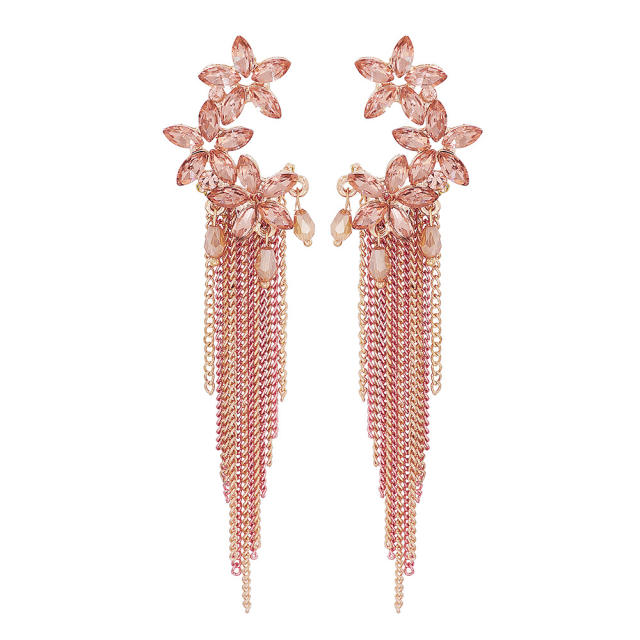 Pink flower chain tassel dangle earrings