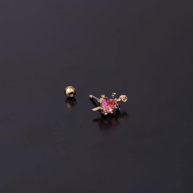Pink color cubic zircon sweet stainless steel needle helix ear studs