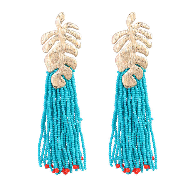 Color seed beads tassel gold leaf boho earrings