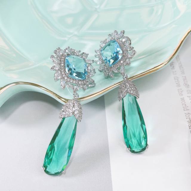 Luxury pave setting cubic zircon flower drop women earrings