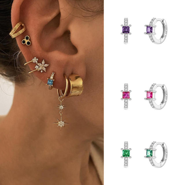 Tiny square color cz unique huggie earrings