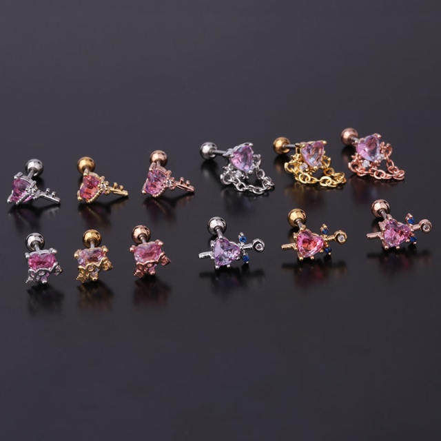 Pink color cubic zircon sweet stainless steel needle helix ear studs