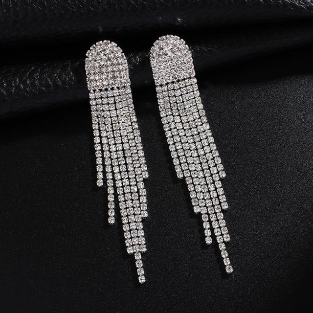 Delicate pave setting rhinestone long tassel earrings