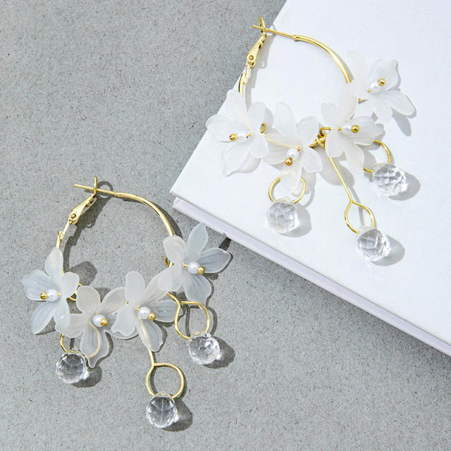 White color flower big hoop dangle earrings