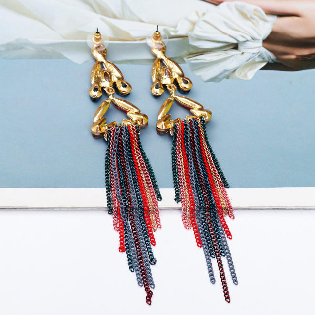 Glass crystal chain tassel long earrings