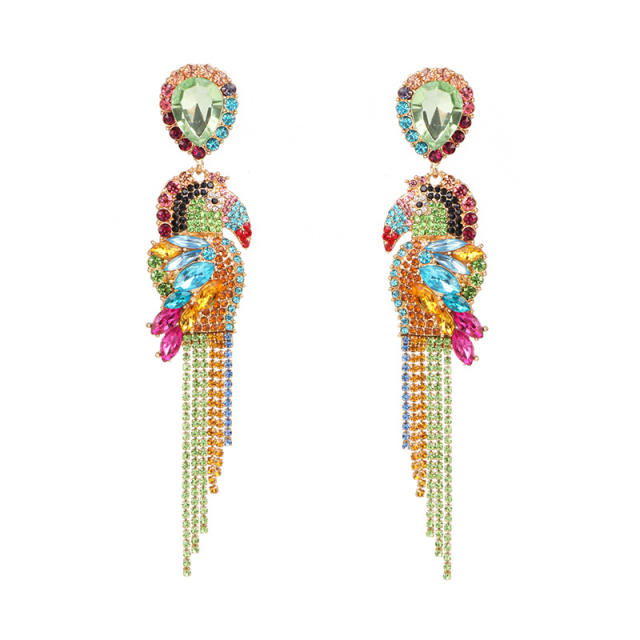 Luxury rhinestone pave setting tassel parrot long earrings