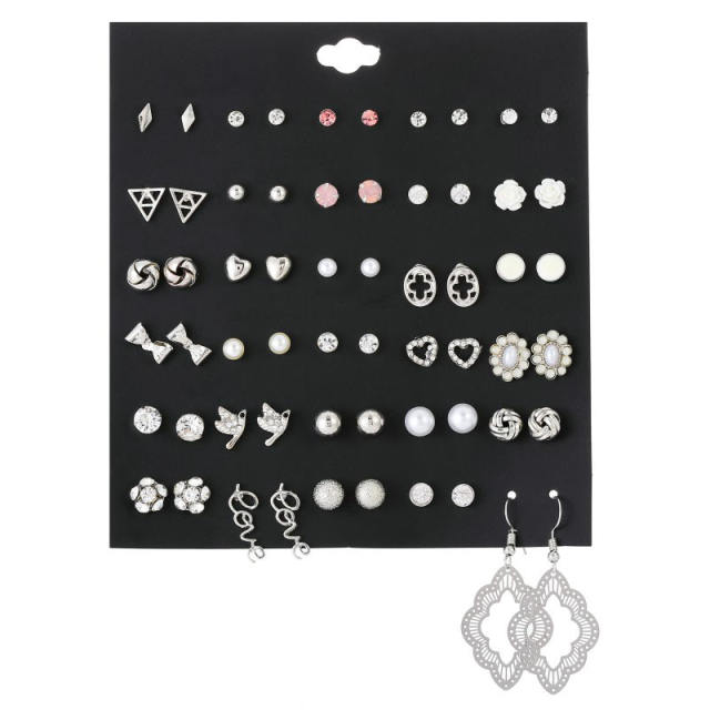 pearl and flower multi element ear studs set