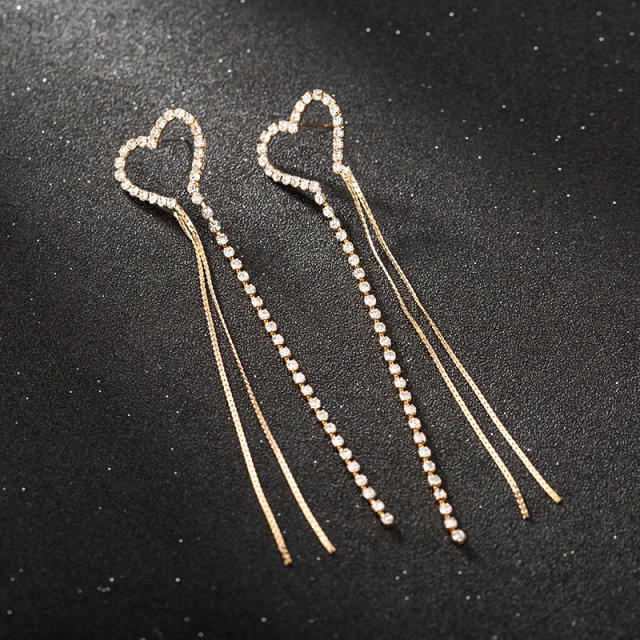 Elegant rhinestone heart long earrings