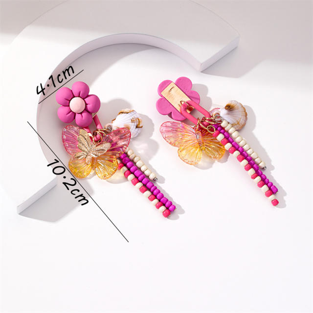 Korean fashion stereo flower butterfly beaded tassel earrings