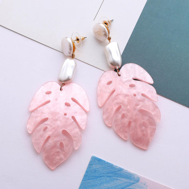 Boho acrylic leaf faux pearl dangle earrings