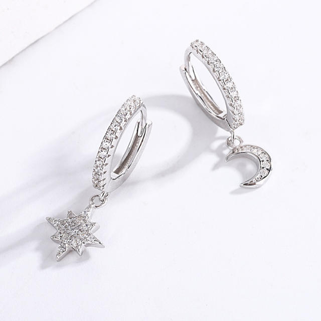 S925 silver moon star asymmetric huggie earrings