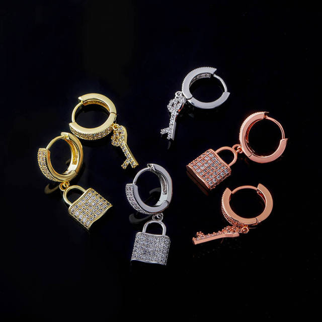 Hip hop zircon key lock earrings