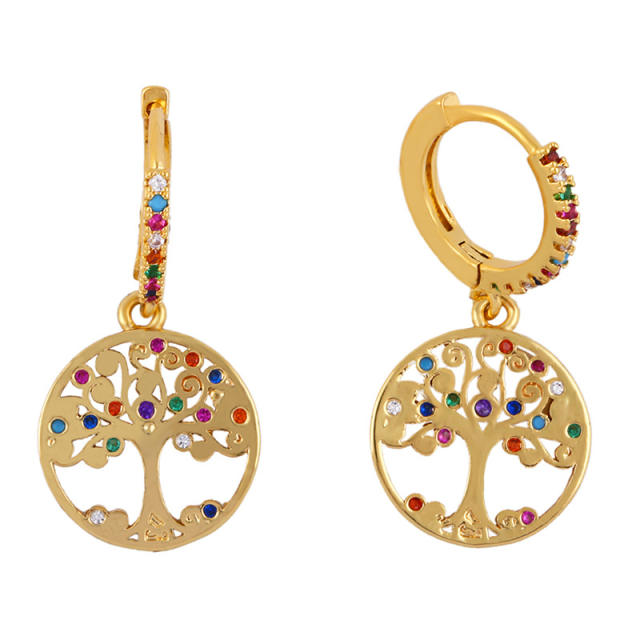 Rainbow color zircon setting the hand and life tree shape copper huggie earrings