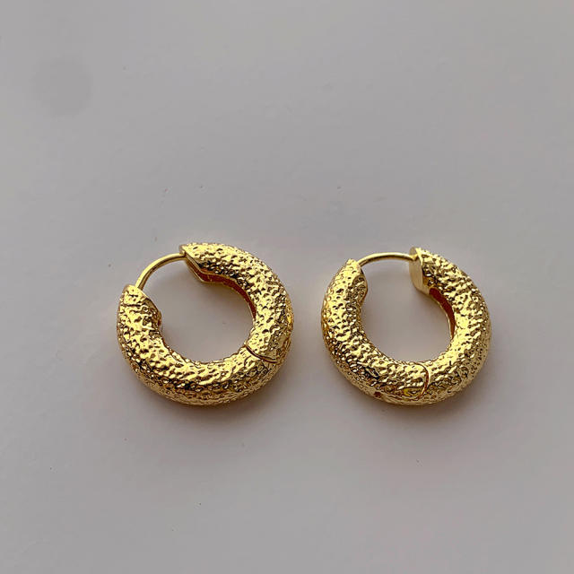 INS vintage metal pattern real gold plated huggie earrings