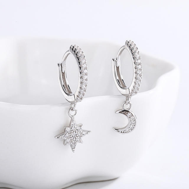 S925 silver moon star asymmetric huggie earrings