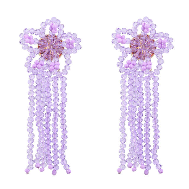 Boho colored beaded tassel handmade flower earrings