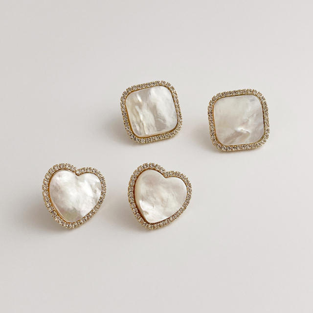 Fashion zircon natural shell love square earrings