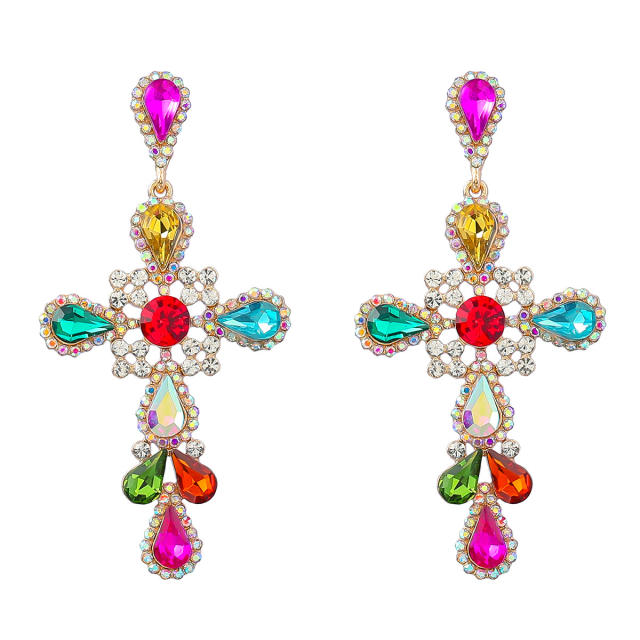 Boho colored rhinestone cross earrings