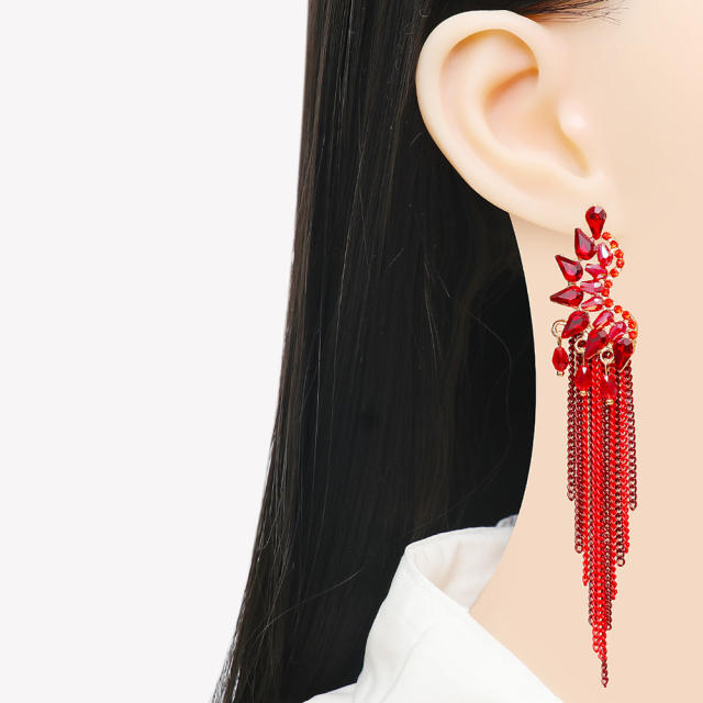 Geometric red color glass crystal chain tassel earrings