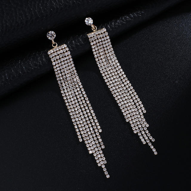 Pave setting rhinestone long tassel earrings