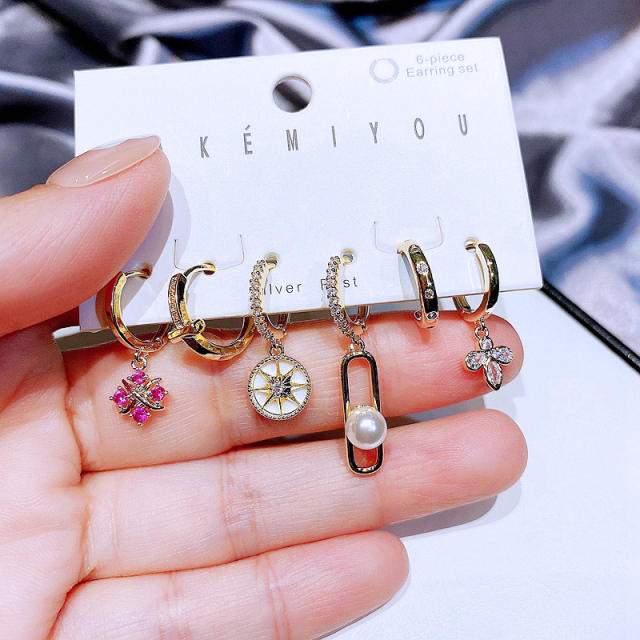 Color cubic zircon huggie earrings set 6pcs