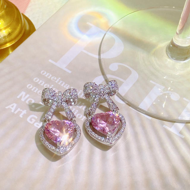 Vintage sweet pink cubic zircon heart bow earrings