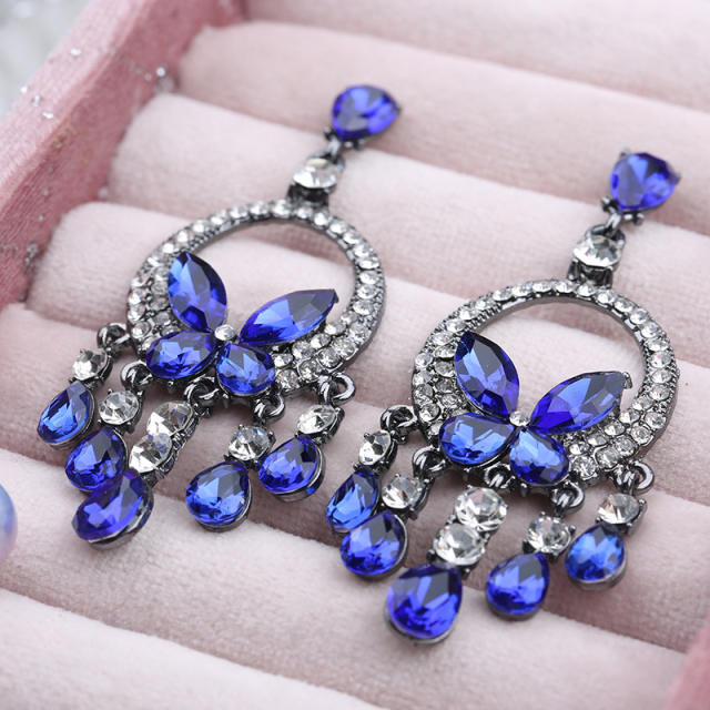 Vintage blue color glass crystal tassel earrings
