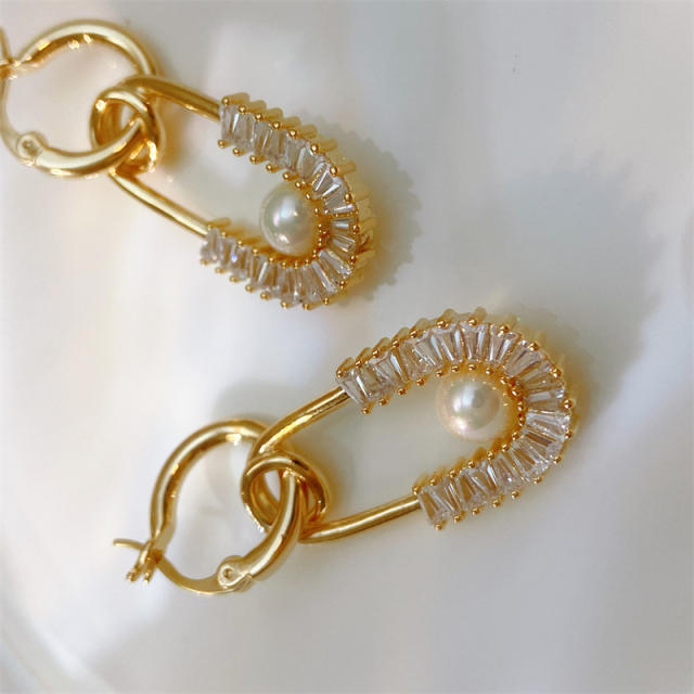 Unique cubic zircon pearl paperclip dangle earrings