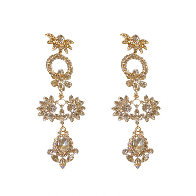 925 sterling silver needle luxury rhinestone flower dangle earrings