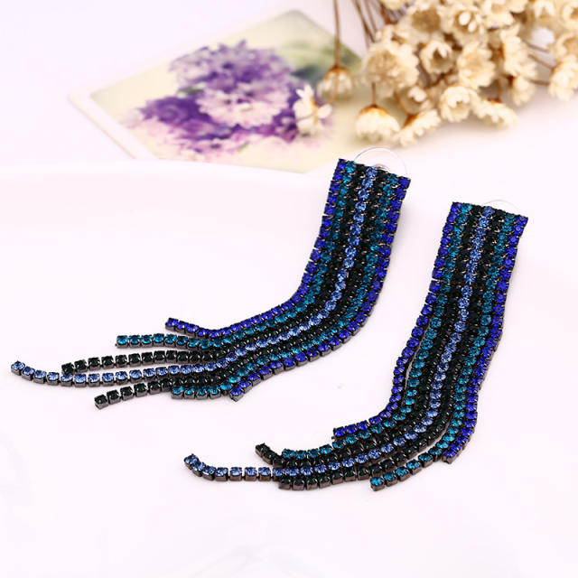 Color rhinestone tassel long earrings