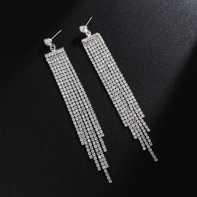 Pave setting rhinestone long tassel earrings