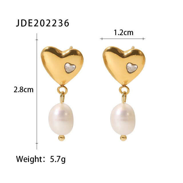 18KG stainless steel heart water pearl dangle earrings