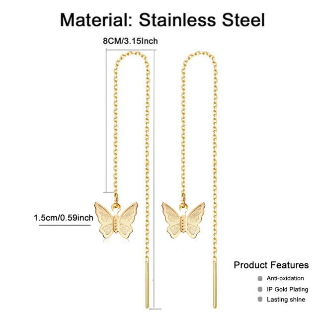 Butterfly threader stainless steel earrings