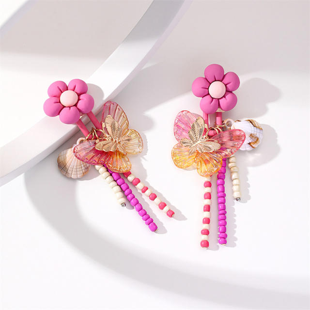 Korean fashion stereo flower butterfly beaded tassel earrings