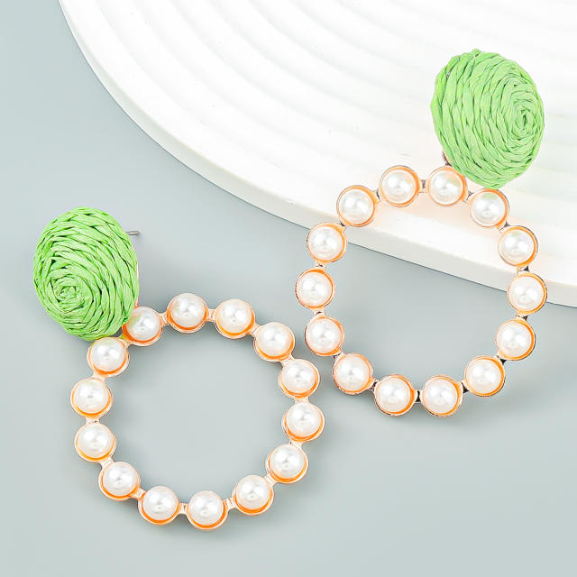 Boho summer pearl ring straw earrings